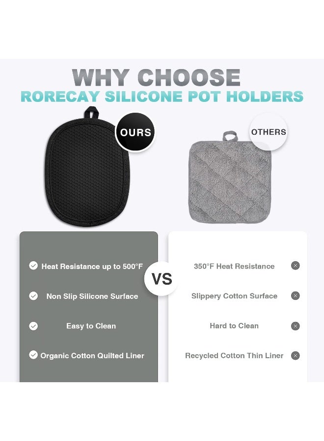 rorecay 2-Pack Silicone Pot Holders for Kitchen Heat Resistant up to 500°F, Non-Slip Large Hot Pads with Pocket, Quilted Liner Trivets for Countertops Hot Pots and Pans (Black) - Image 5